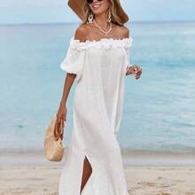 Swim Vcay Women's Ruffled Off Shoulder Mid-Calf Beach Dress, Sexy Beach Dress, Lantern Sleeve Wedding Guest Slit Flowing Dress For Summer Beach Vacation - Rosa - Ver 4