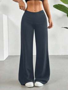 Pantalones anchos de unicolor negro versátiles y casuales para primavera - Gris Oscuro - Ver 5
