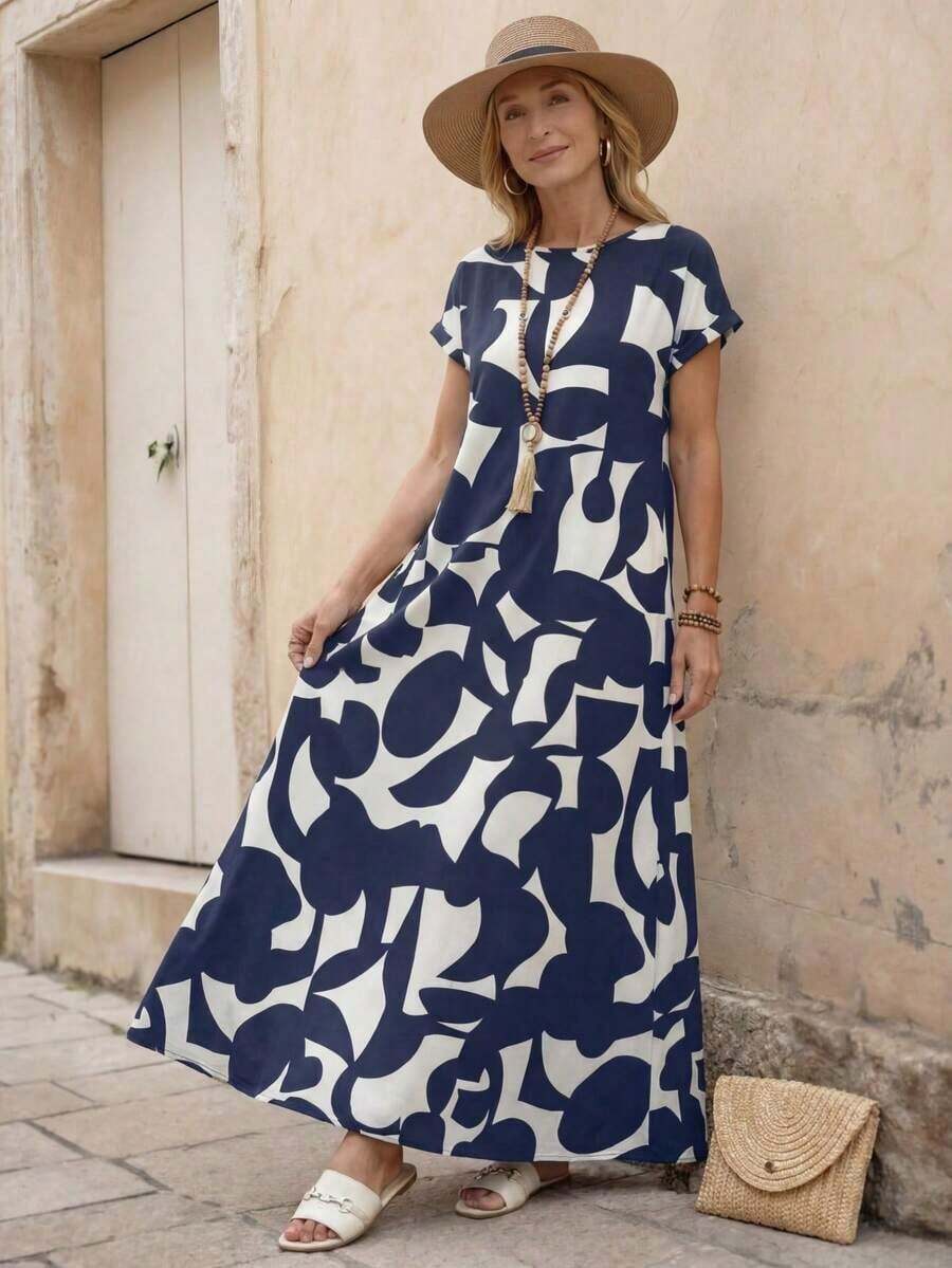 Vestido casual de mujer con estampado todo sobre, adecuado para vacaciones - Azul - Ver 1