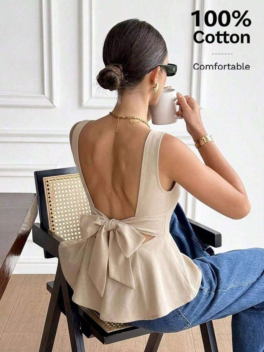 Blusa elegante sin mangas de cuello redondo y espalda descubierta con lazo decorativo, de unicolor, para verano - Albaricoque 2 - Ver 1