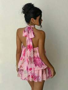 Vestido mini elegante de mujer con estampado de lunares y escote halter sin espalda - Rosa - Ver 2