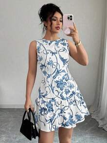 Vestido mini elegante de estilo bohemio con estampado floral, sin mangas y cintura ceñida para mujeres, conjunto de verano con acabado tejido al estilo francés para graduaciones, primavera/verano - Celeste - Ver 6