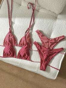 Conjunto de traje de baño de 4 piezas con cuentas marrón y a rayas, para primavera/verano 2026, conjunto de bikini de alta gama para resort de playa - Rojo - Ver 7