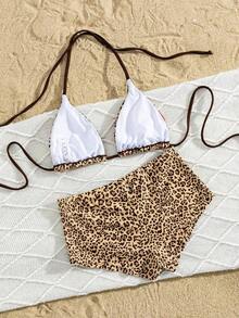 Traje de baño con estampado floral de moda: Top de bikini tipo camiseta con estampado de loto negro + Bottom de traje de baño de talle alto - Conjunto de traje de baño elegante y cómodo para vacaciones de verano, playa y uso en resort en color rojo - estampado de leopardo - Ver 3