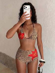 Traje de baño con estampado floral de moda: Top de bikini tipo camiseta con estampado de loto negro + Bottom de traje de baño de talle alto - Conjunto de traje de baño elegante y cómodo para vacaciones de verano, playa y uso en resort en color rojo - estampado de leopardo - Ver 7