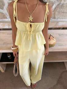 Conjunto de 2 piezas de camiseta de tirantes y pantalones con estampado de lunares, estilo casual de primavera para mujer. Conjunto de 2 piezas de lunares lindo para verano. Conjunto de 2 piezas de lunares para Halloween. - Amarillo - Ver 6