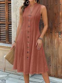 Vestido de mujer de manga corta con cuello redondo y estampado geométrico de verano - Óxido marrón - Ver 5