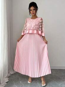 Vestido con decoración floral elegante y bajo plisado, adecuado para bodas, fiestas de cumpleaños y otras ocasiones, otoño - Rosa 2 - Ver 6