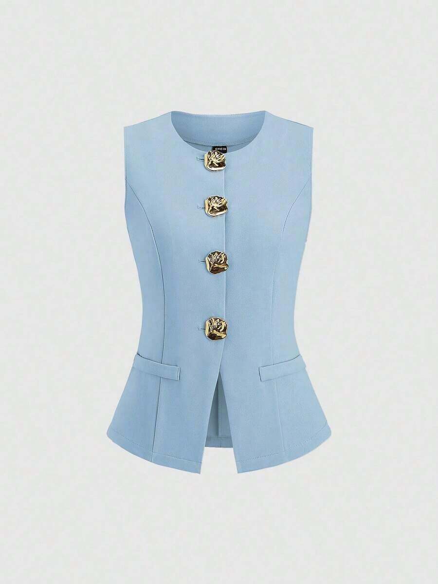 Tall Top sin mangas con botones metálicos básicos de estilo minimalista francés para mujeres altas - Azul - Ver 1