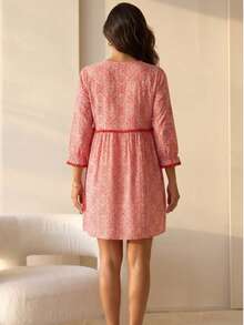 MIA BRAZIL Women's Pink Dress With 3/4 Sleeves, Casual Chic With Delicate Print, Casual Boho Style, Cute Fabric - Đỏ - Xem 3