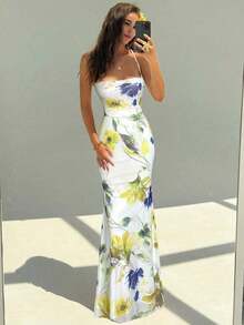 Vestido con estampado floral elegante y espalda descubierta para mujer - Blanco 2 - Ver 6