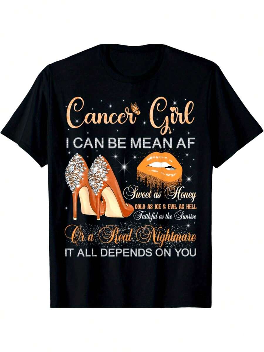 Women's T-Shirt, Men's T-Shirt With The Cancer Zodiac Sign, With A Cancer Girl Slogan And Astrological Symbol - Gold Text With Pink Lips/High Heels Design, Casual Crew Neck T-Shirt, Suitable For Cancer Birthdays And Astrology Enthusiasts (June-July) - Fun Cancer-Themed Garment - 白色 - 查看 1