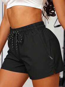 Women's Summer New Sports Shorts, Elastic Waistband With Drawstring, Zipper Pockets Bermuda Shorts Black - Black - View 7