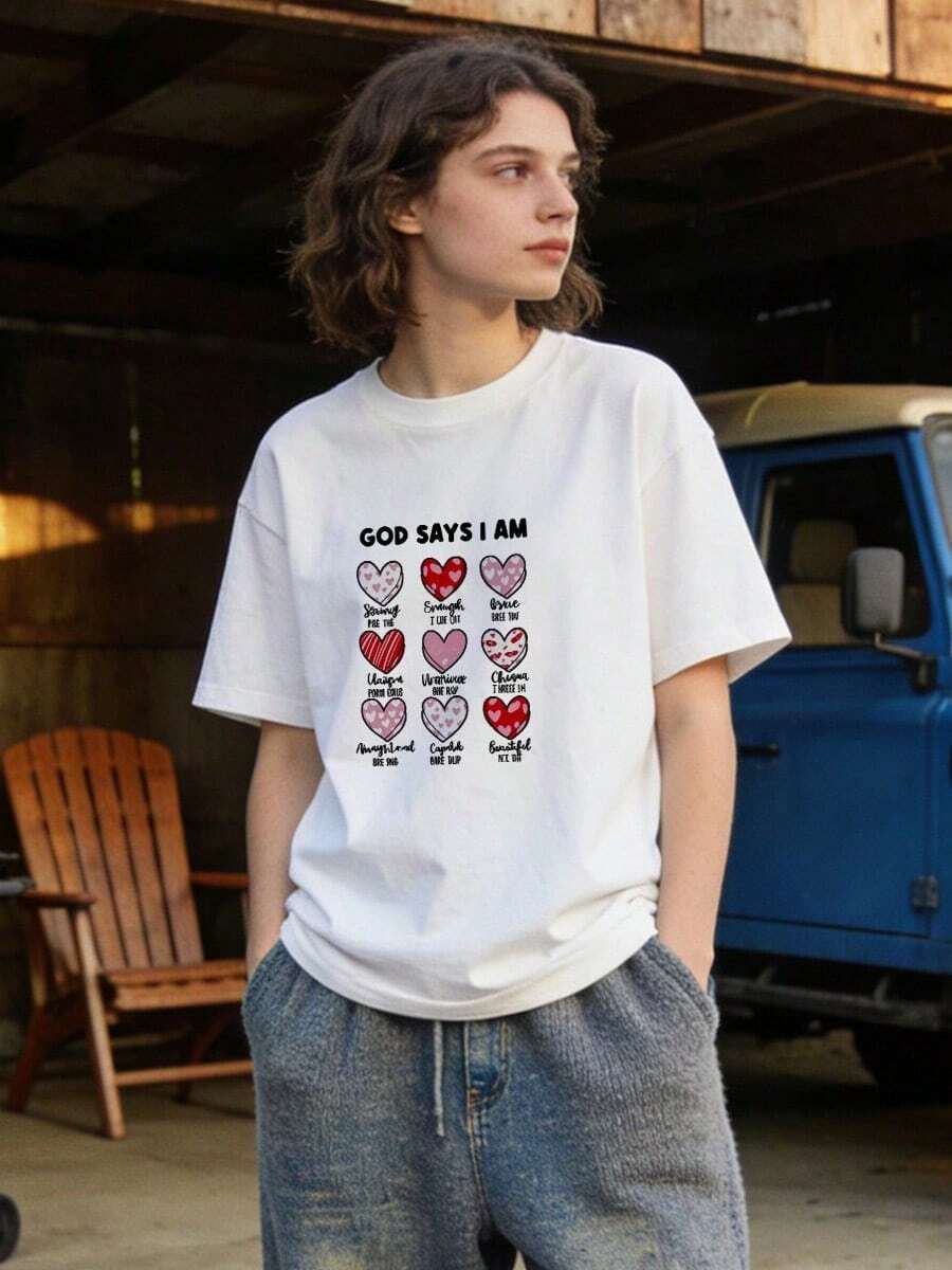 Women's Summer Clothing, Soft Cotton Casual T-Shirt With Round Neck, 9 Heart Print With The Phrase "GOD SAYS I AM". White Color. - 白色 - 查看 1
