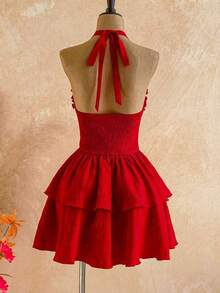 Nuevo vestido mini elegante bohemio tropical con textura, volantes y lazo en la espalda, apropiado para vacaciones, boda, graduación, San Patricio, Semana Santa, festivales de música, Día de San Valentín, Halloween, Navidad - Rojo - Ver 2