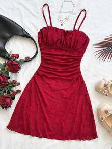 Vestido mini de línea A con tirantes de espagueti rosa y romántico Ditsy Floral para mujer, adecuado para fiesta, cita, San Valentín, Pascua, carnaval, crucero por la playa, Afternoon vestido de moda para té, primavera/verano - Burdeos - Ver 4