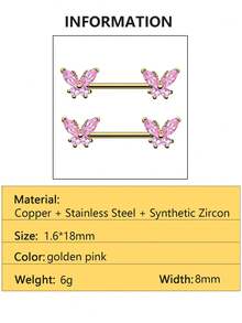 2 piezas de anillos para pezones con colgante de mariposa de cobre con circonita, joyería de perforación sexy de acero inoxidable apta para uso diario - Multicolor - Ver 16
