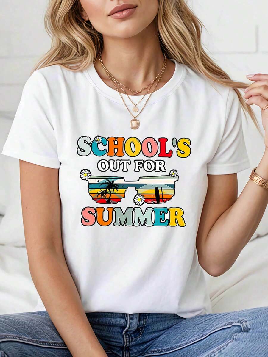 Schools Out For Summer Fashion Palm Tree Graphic Print Glasses Women's Spring - Summer Short - Crew Sleeve - Casual T-Shirt - Everyday Style, Daily Outing, Holiday Gift - 白色 - 查看 1