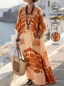 Vestido largo casual de mujer con estampado de teñido anudado, cuello en V verde, kimono de manga corta, bajo asimétrico, vestido de verano tipo kaftan para mujer, atuendo de playa, estilo mediterráneo, ropa bohemia - Caqui - Ver 6