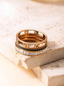 Set de 3 anillos de acero inoxidable con diamante de imitación, estilo europeo y americano de lujo, adecuado para uso diario y como regalo - Oro rosa - Ver 1