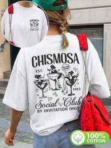 Camiseta de Algodón Puro de Talla Grande con Estampado a Doble Cara [Estampado de Doble Cara] Estilo Vintage con Estampado de Copa de Vino para Mujer, Estilo Casual, Holgada, de Manga Corta y Cuello Redondo, Camiseta de Algodón Puro de Talla Grande con Hombros Caídos para Mujer, Estilo Casual Vintage, Estilo Urbano Unisex, Camiseta Holgada de Algodón de Manga Corta con Cuello Redondo, blusas para mujer, playeras de mujer, blusas casuales para dama. - Blanco - Ver 1