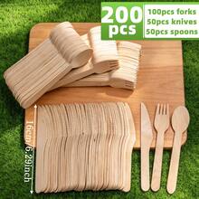100/200件套木制餐具，5.5/6.3英寸天然桦木一次性叉子、刀子、勺子，可堆肥，光滑无毛刺，适用于生日派对、婚礼、野餐、烧烤、甜点、沙拉、商业用途 - 查看 13