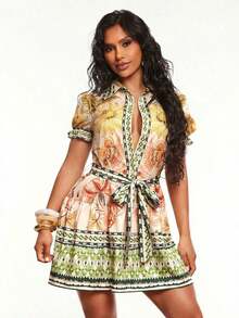 Vestido de línea A con botones delanteros y estampado tropical bohemio - Multicolor - Ver 4