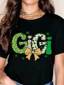 Vintage Gigi T-Shirt With Shamrock And Bow Print For St. Patrick's Day Fashion - 黑色 - 查看 6