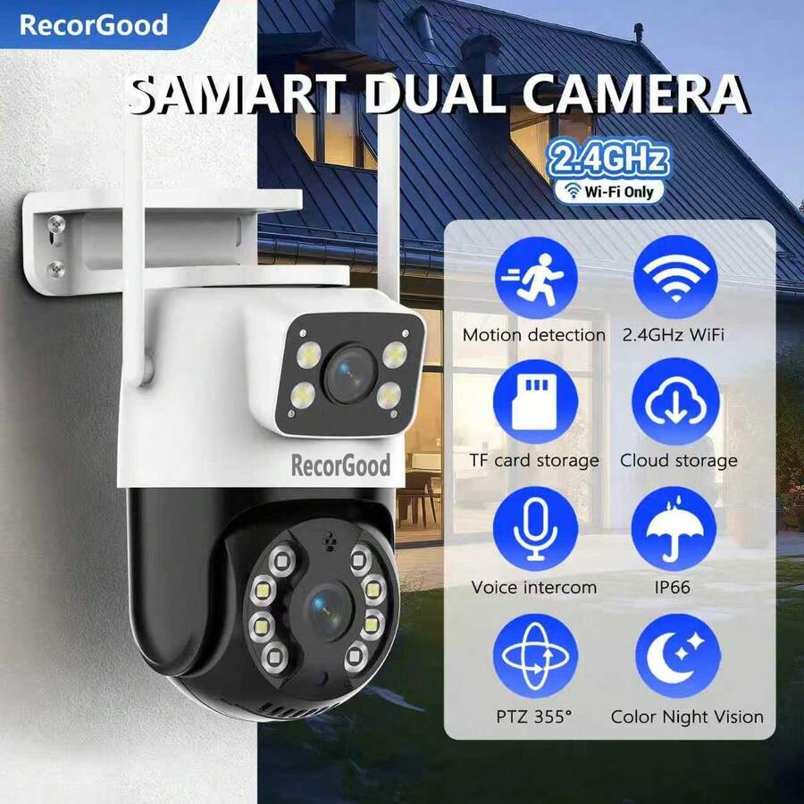 4MP Dual Lens Security Camera, Waterproof Design, Color Night Vision, Real-Time Two-Way Audio, AI Smart Motion Detection, 10W Stable Current, Dual 2.4GHz WIFI Antennas For Strong Signal, Suitable For Home And Business - Multiple Specifications - View 1