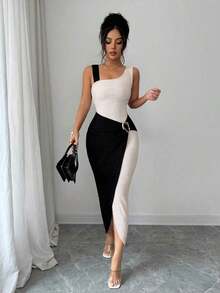 Elenzya Vestido de verano nuevo a rayas sin mangas para mujer, vestido a rayas con hebilla metálica asimétrica en el lateral, estilo europeo y americano ajustado y estilizante con hebilla asimétrica lateral y largo - Albaricoque 2 - Ver 7