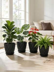 4pcs Set Wavy Plastic Flower Pots, Suitable For Indoor And Outdoor Planting, With Drainage Holes And Trays, Wavy Texture Flower Pots, Suitable For Indoor Plants, Suitable For Water Plants, Fig Leaves, Etc. - Multicolor - View 1