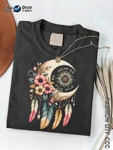 Camiseta de manga corta vintage de algodón lavado estilo bohemio para mujer, con estampado de atrapasueños de luna creciente, flores y plumas. Holgada, cómoda, agradable al tacto y transpirable. Ideal para regalos navideños, fiestas, celebraciones, viajes y uso casual tanto para hombres como para mujeres, con un estilo hippie. - Gris - Ver 11