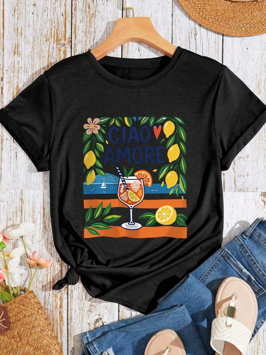 Summery, Cute And Lively Women's Top, New Lemon-Colored Italian Style, Short Sleeves, Daily Casual Fashion, Retro Style, Spring-Summer Casual Sporty Style, Women's Plus Size Top, Comfortable Soft T-Shirt With Crew Neck And Short Sleeves, Sporty Summer Tops. - Black - View 1