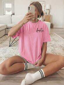 Women's T-Shirt With Double-Sided Front/Back Print - Short Sleeve, Round Neck, Casual Style, Suitable For Casual Wear, Machine Washable, With "Auntie" And Heart Print, Non-Blouse Style For Layering Or Wearing As A Top, 100% Cotton - 深粉紅色 - 查看 4