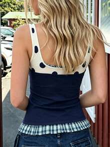 Women's Scoop Neck Tank Top Multi-Layer Patchwork Dot Plaid Pattern Sleeveless Slim Fit Vest - Blue - View 2