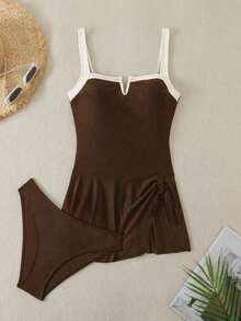 Swim Lushoire Set de 2 piezas de vestido de playa asimétrico con escote en V y contraste de color, adecuado para vacaciones de verano en la playa - Marrón - Ver 7