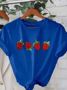 GiftGiftPlayera Women's Graphic Print Basic T-Shirt Short Sleeve Round Neck Strawberry Print Strawberries Fruit Fruit Gym Exercise Aesthetic Regular Casual Comfortable Cool Lightweight Soft Modern Youthful Romantic Bohemian Going Out Home Daily Day Beach Heat Spring Summer Office Versatile CreativeSoftSoft - 皇家藍 - 查看 6