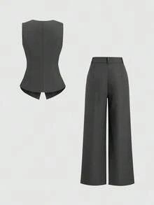 Sweetro Conjunto a juego de chaleco negro de una hilera y pantalones de pierna ancha con fruncidos - Gris Oscuro - Ver 2