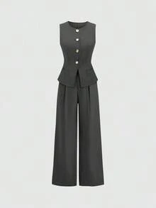 Sweetro Conjunto a juego de chaleco negro de una hilera y pantalones de pierna ancha con fruncidos - Gris Oscuro - Ver 3