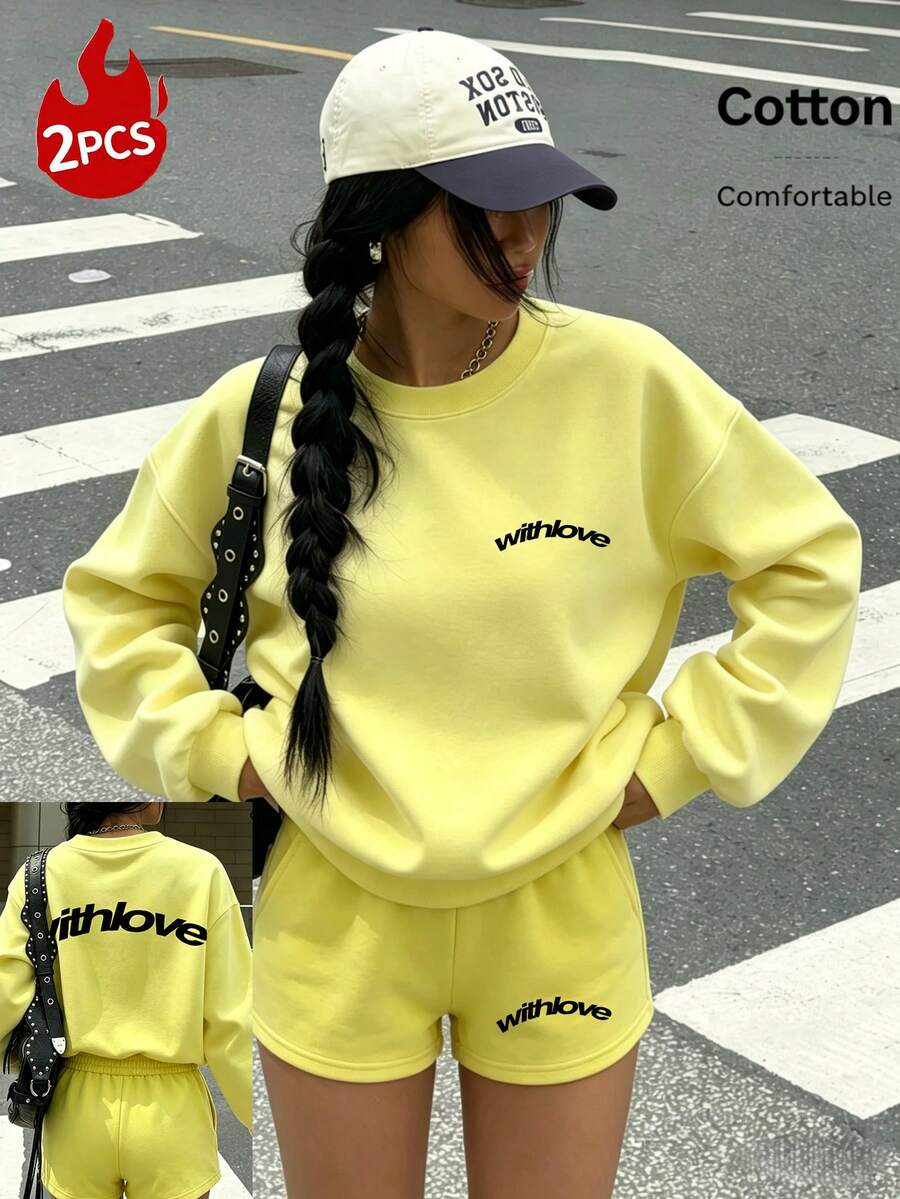 Women's Yellow Sweatshirt And Shorts Set, Thin Spring/Summer - Bright Yellow - View 1