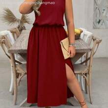 Plus Size LUNE Sleeveless Crew Neck Solid Color Casual Commute Dress, Waisted, Slit Hem, Suitable For Women - Burdeos - Ver 1