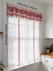 1 pieza Cortina con lazo estilo granja de lino - Elegante cenefa de doble capa con cuadros, ribete de encaje a ganchillo, diseño de persiana romana con lazo, para todas las estaciones, cortina velo transparente con lazo estilo francés para decoración de ventanas en sala de estar, cocina, baño, boda y fiesta - Beis - Ver 3