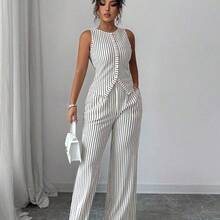 Women's Fashionable Solid Color Textured 2-Piece Set, Including Sleeveless Crew Neck Button Fitted Tank Top And High Waist Loose Straight Leg Pants, Elegant Commuter Style - Negro - Ver 4