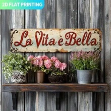2D Plano - 2D Plano, Decoração Vintage de Metal Italiano "La Vita È Bella" - Placa Vintage de Fazenda Vermelha e Bege com Furos Pré-Perfurados, Letras Grandes Fáceis de Pendurar para Cozinha, Varanda, Sala de Estar - Presente de Frase Italiana para Inauguração da Casa, Casamento, Aniversário - Multicolorido - Visão 3
