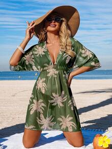 Vestido de playa  Swim Lushore para mujer, primavera/verano, estampado floral, cintura ceñida, manga 3/4, cuello en V, vestido de vacaciones con pareo, pareo de playa marrón, ropa de playa para mujer, vestido Zanea para mujer. - Verde - Ver 5