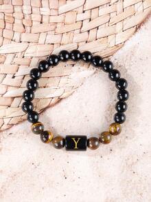 1 chiếc vòng tay nam Bohemia, vòng tay hạt đá mắt hổ và tourmaline bảo vệ với chữ cái đầu từ A-Z, quà tặng trang sức mùa hè, quà tặng cho nam giới. - Nhiều màu - Xem 25