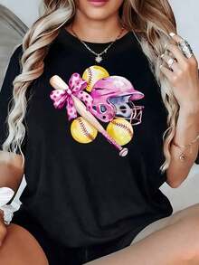 Minimalist Illustration Of A Bright Pink Helmet With A Bat And Softballs Adorned With A Bow, Symbolizing Feminine Energy And Love For Sports. Women's 100% Cotton T-Shirt, Elegant And Comfortable. Women's Simple Solid Color T-Shirt, Loose And Slim Fit Casual Short Sleeve - 黑色 - 查看 1