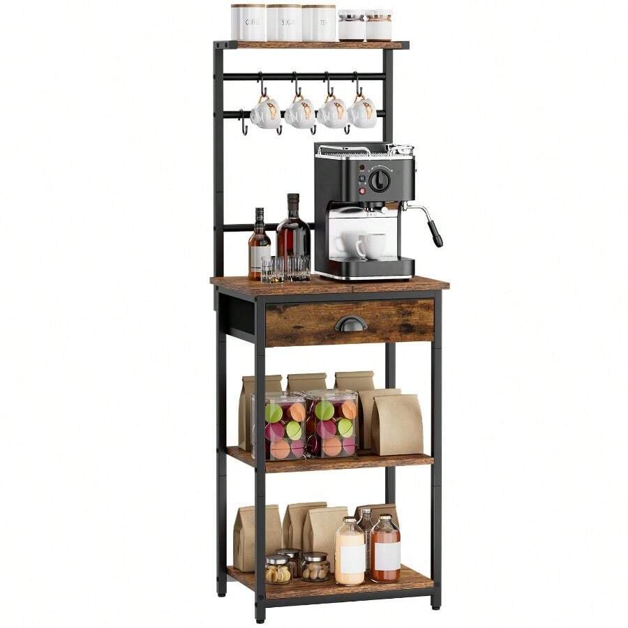 Coffee Bar Counter, Coffee Rack With Drawers, Hooks, Corner Bar Cabinet, Adjustable Height, Suitable For Baking Racks In The Kitchen And Living Room - Rustic Brown - View 1