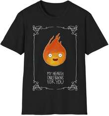 Dam T-shirt i ren bomull "Mitt hjärta brinner bara för dig Calcifer" Herr T-shirt Svart Mjuk, Slitstark Rundhalsad Casual Topp för Vår, Sommar - Svart - Visa 1