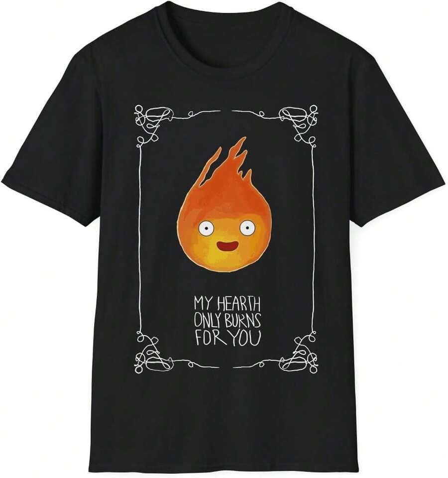 Dam T-shirt i ren bomull "Mitt hjärta brinner bara för dig Calcifer" Herr T-shirt Svart Mjuk, Slitstark Rundhalsad Casual Topp för Vår, Sommar - Svart - Visa 1